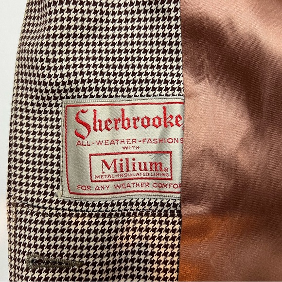 Women's Vintage Sherbrooke Brown Houndsbooth Wool Tweed Velvet Overcoat Jacket L - Picture 8 of 9